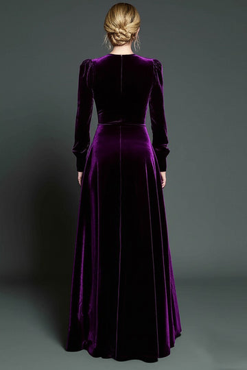 Dark Purple A Line Velvet Long Sleeve Formal Dress